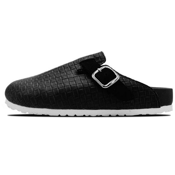 Shoe Surgeon Black Leather Woven Mules (size 7 men, size 8.5 ladies)
